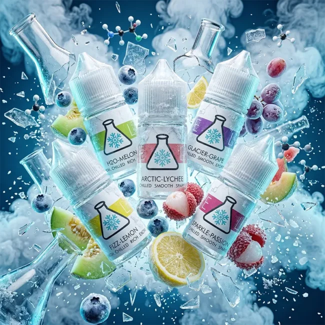 冰凍實驗室煙油 ICE LAB 商品圖 冰凍實驗室煙油 ICE LAB 商品圖,呈現藍莓、檸檬、荔枝、蜜瓜與葡萄冰感調性